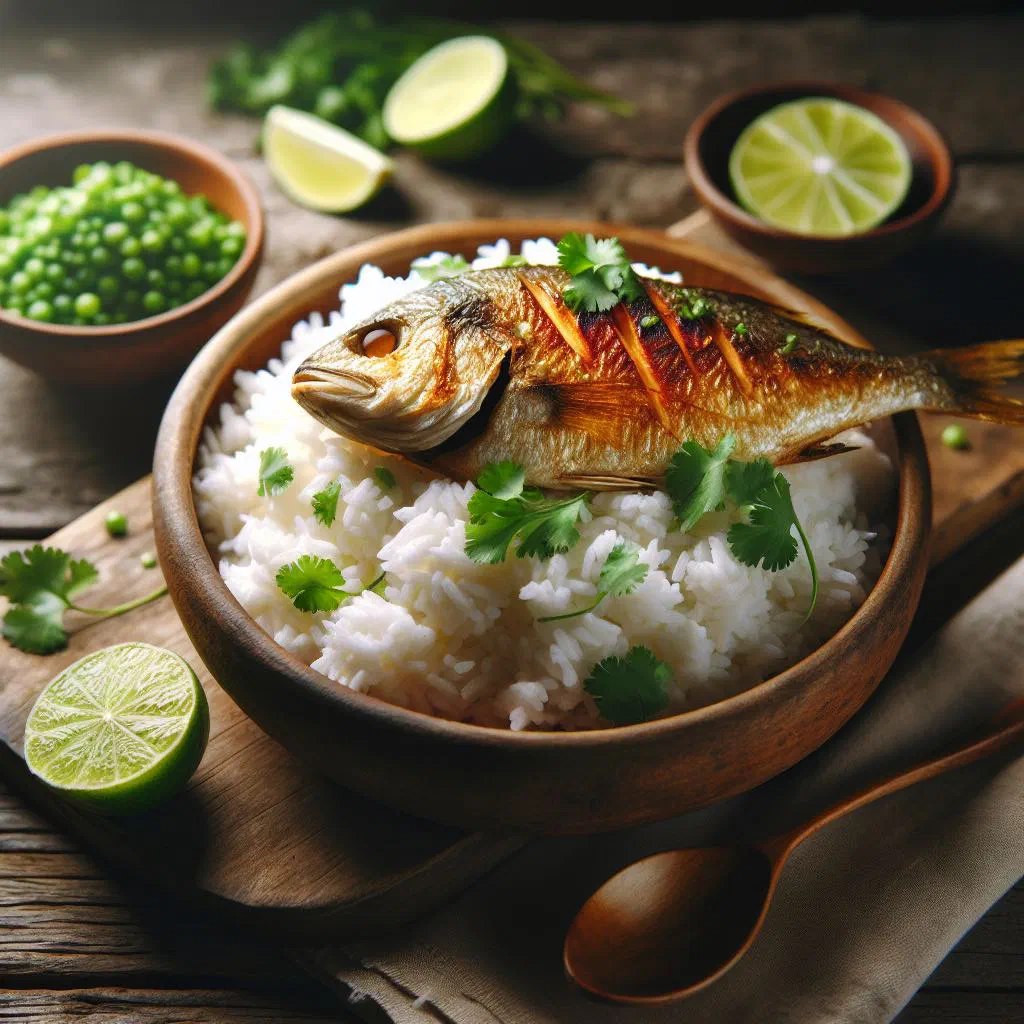 Creamy coconut rice topped with seared fish and fresh herbs