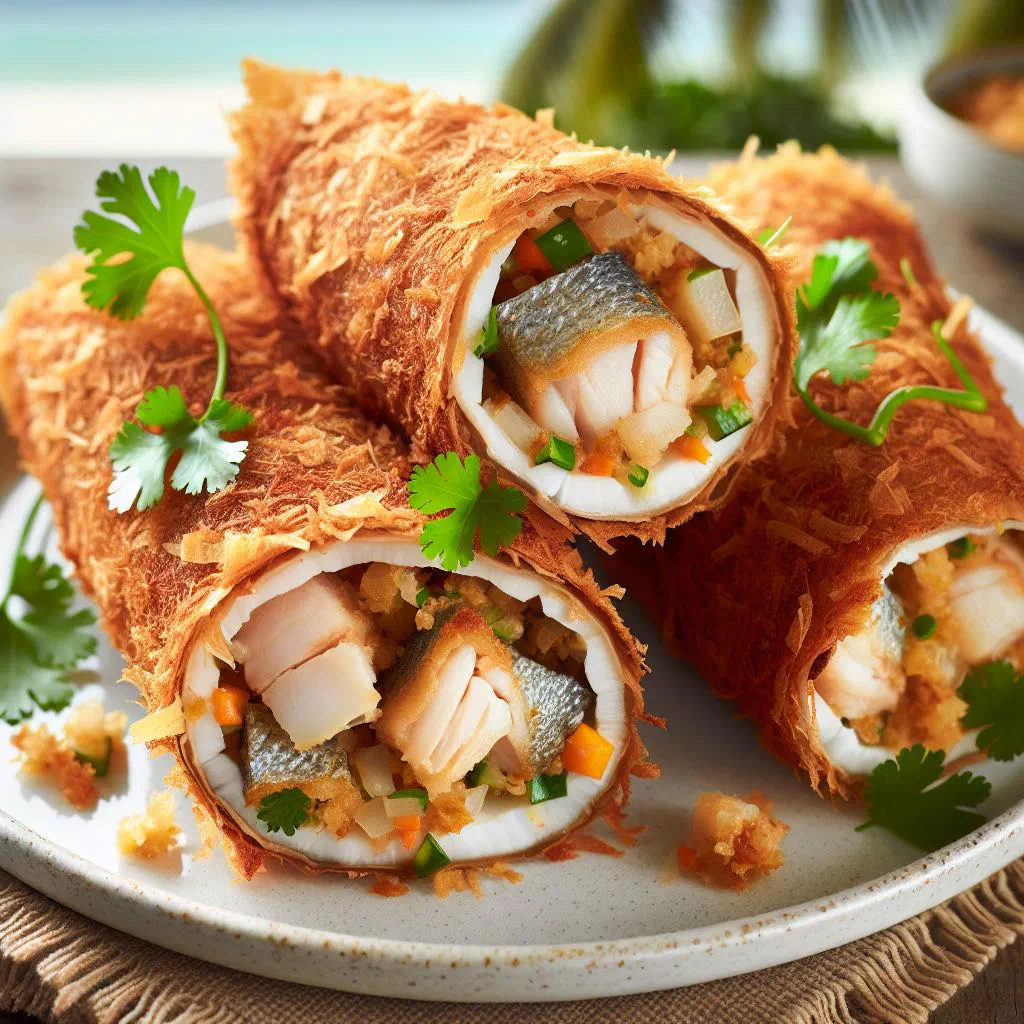 Coconut wraps filled with marinated fish, garnished with fresh herbs and lime