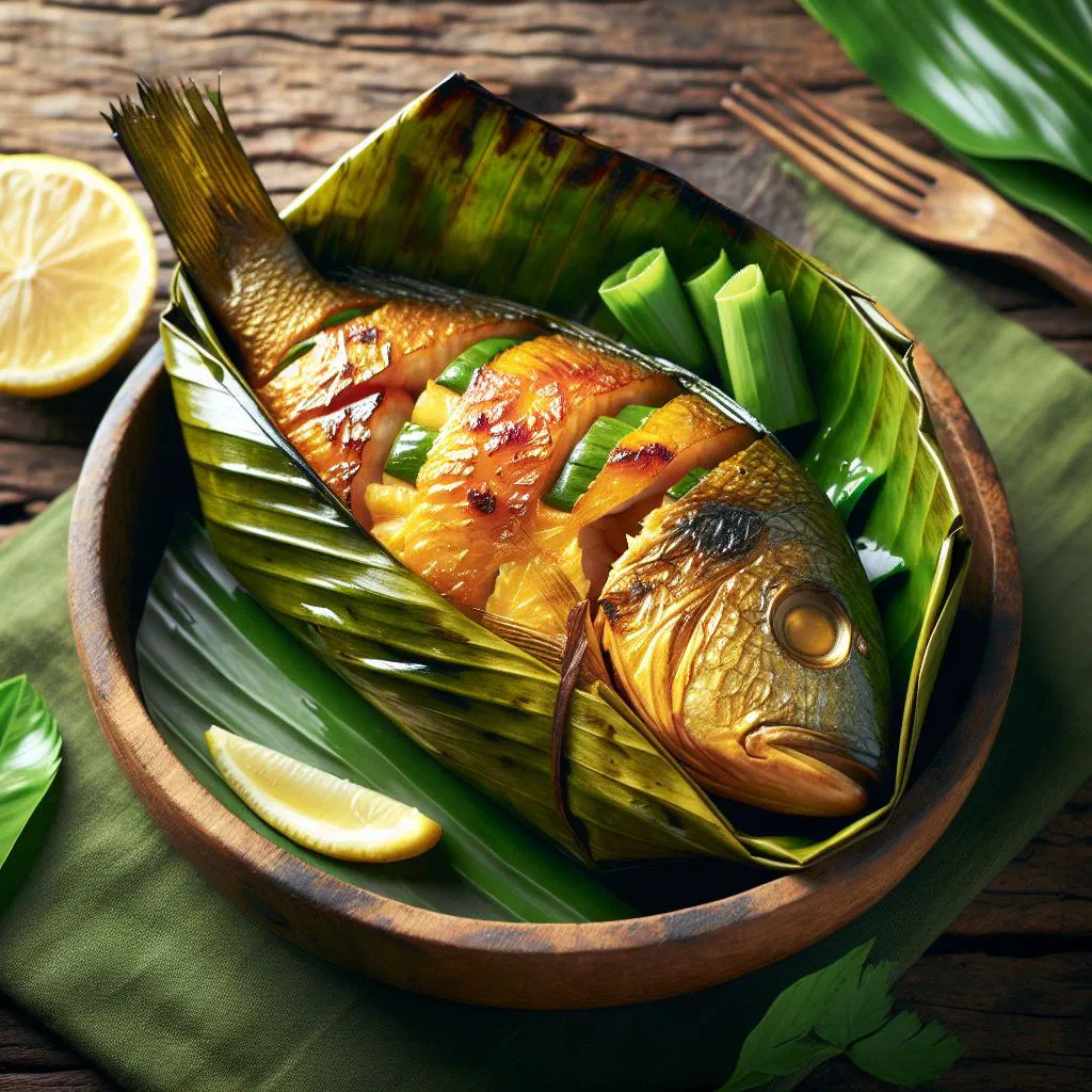 Steamed fish parcels wrapped in green banana leaves with lime and herbs