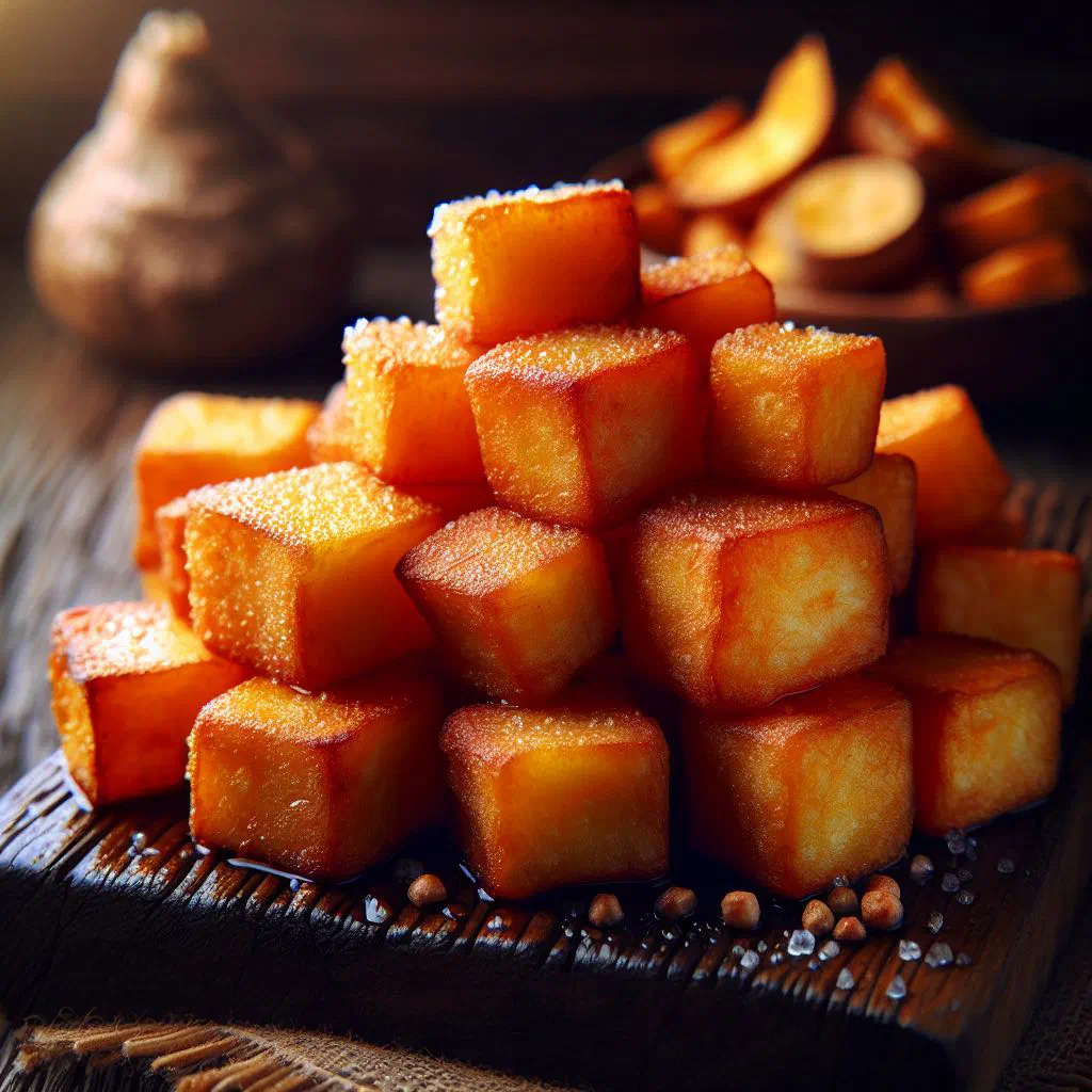 Golden fried cassava cubes served in a bowl with fresh herbs