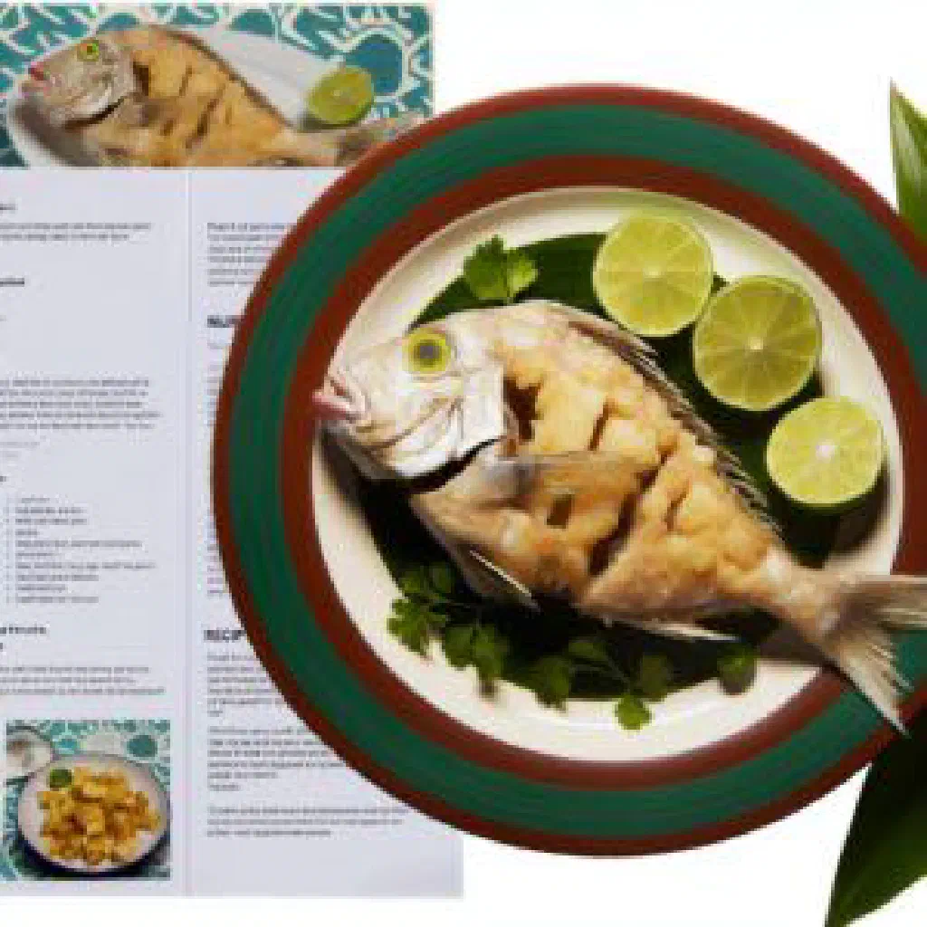 Golden pan-fried parrotfish garnished with fresh herbs and lime