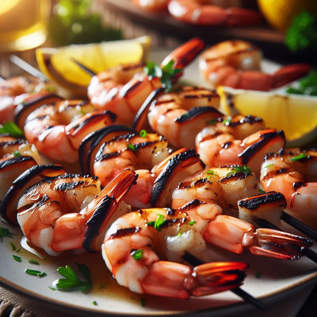 Grilled shrimp skewers glazed with marinade on a wooden board