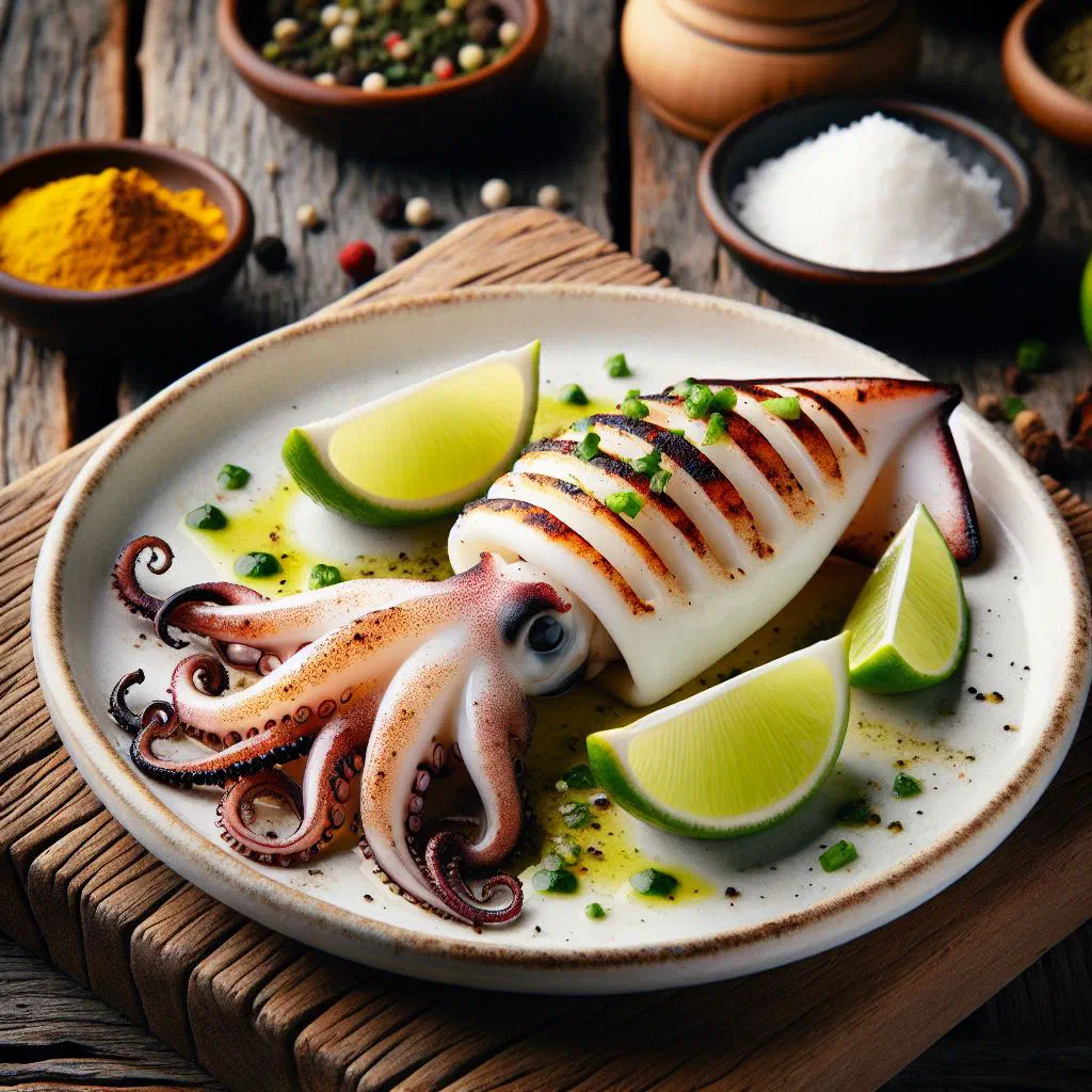 Grilled squid skewers with lime wedges and fresh herbs