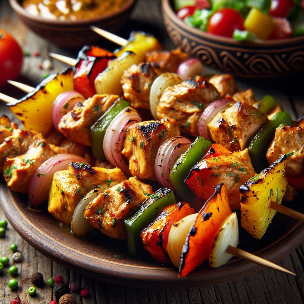 Grilled Nauruan-style chicken kebabs with peppers and courgette on skewers