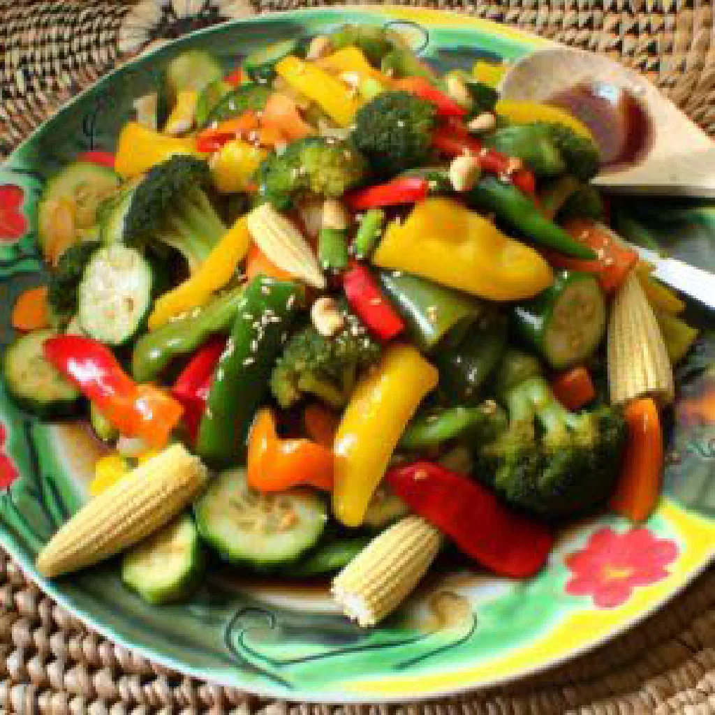 Colourful Nauruan vegetable stir-fry garnished with fresh herbs