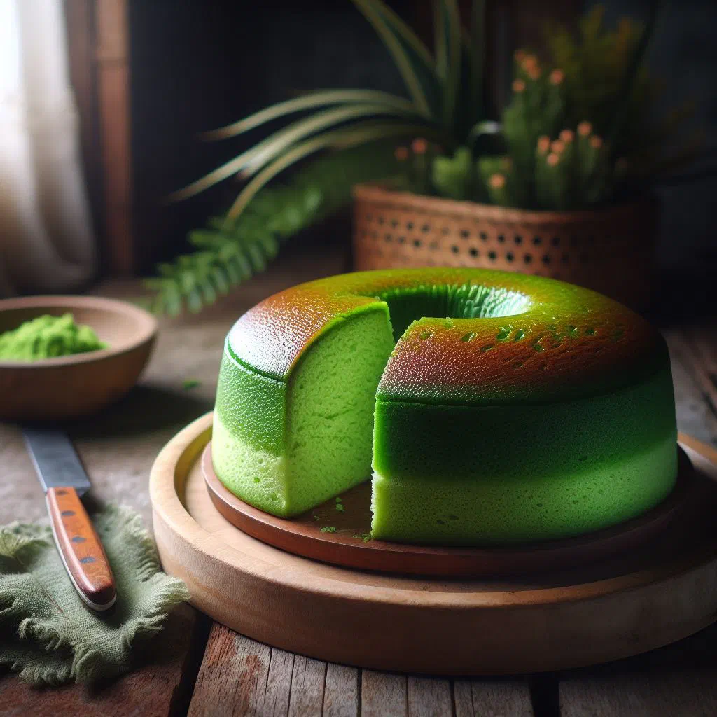 Slice of bright green pandan cake with a soft, moist crumb