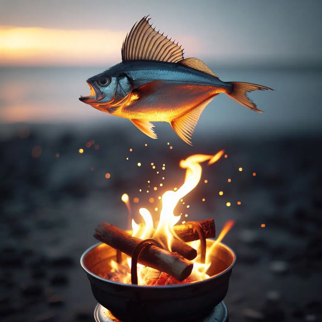 Golden pan-fried flying fish garnished with lemon and fresh herbs