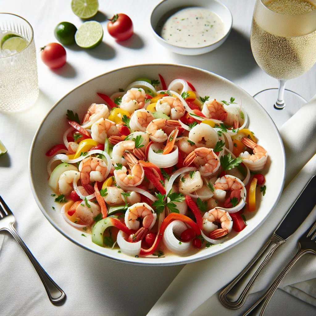 Fresh seafood and palm heart salad with cucumber, tomato and herbs