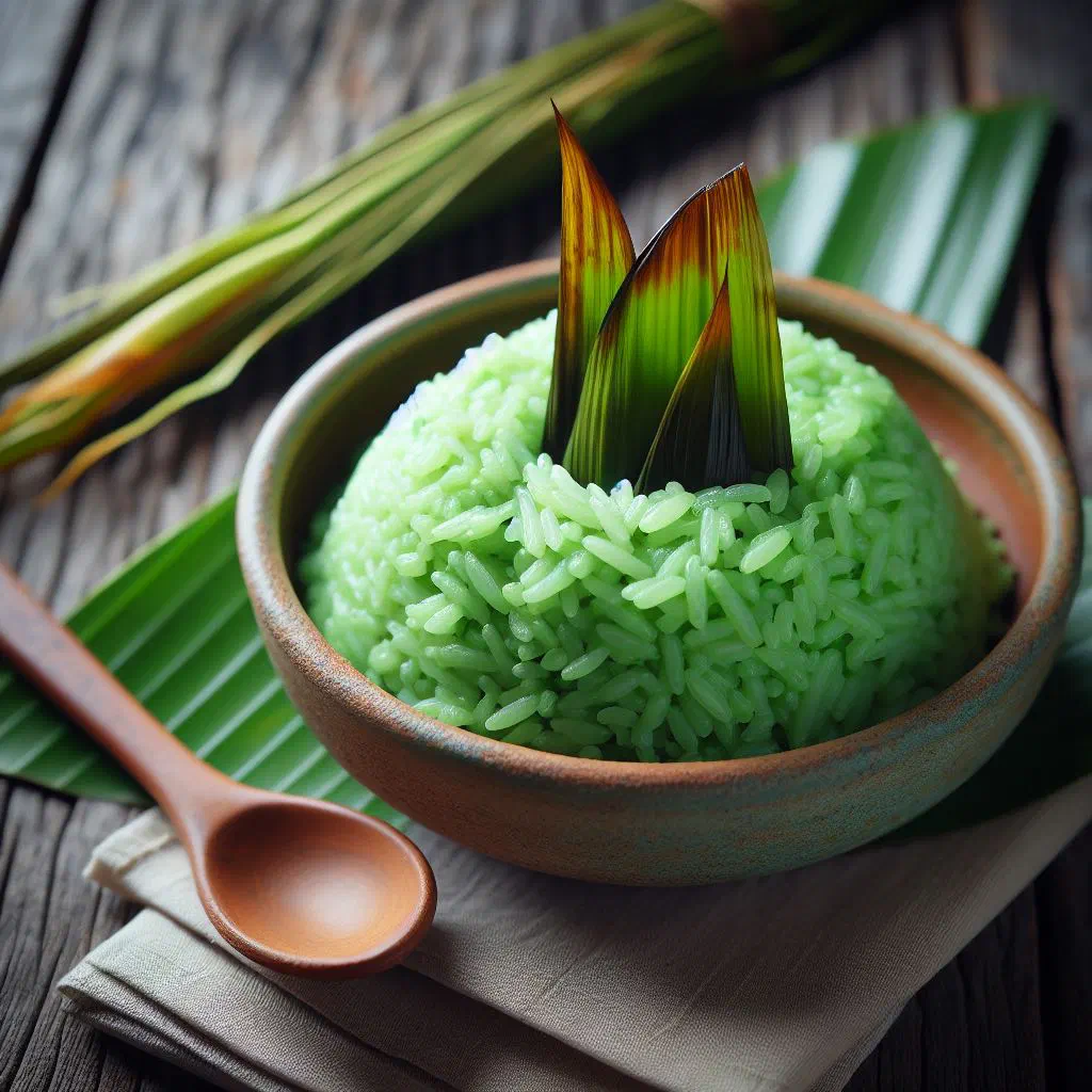 Sweet pandanus rice in coconut milk topped with fresh tropical fruit