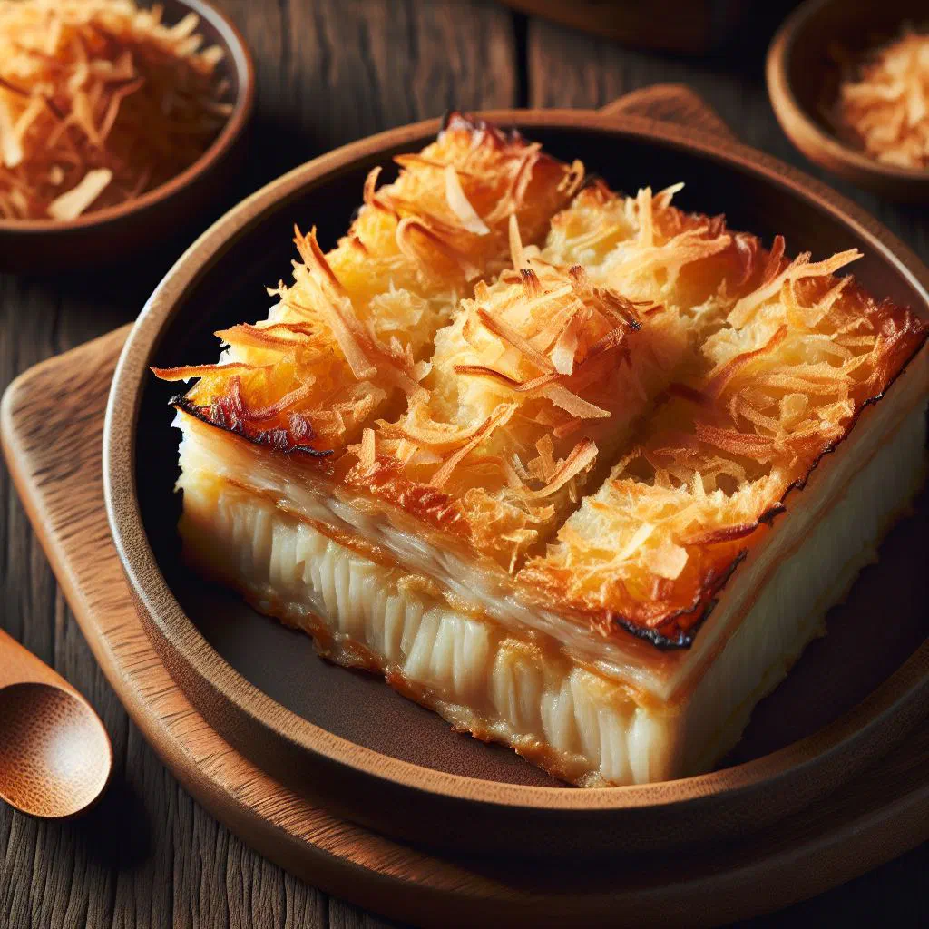 Baked taro and coconut pudding topped with toasted coconut flakes