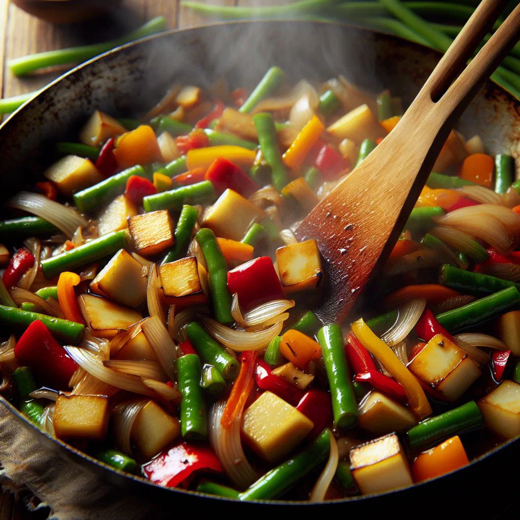 Taro and vegetable stir-fry with colourful peppers and courgette in a pan
