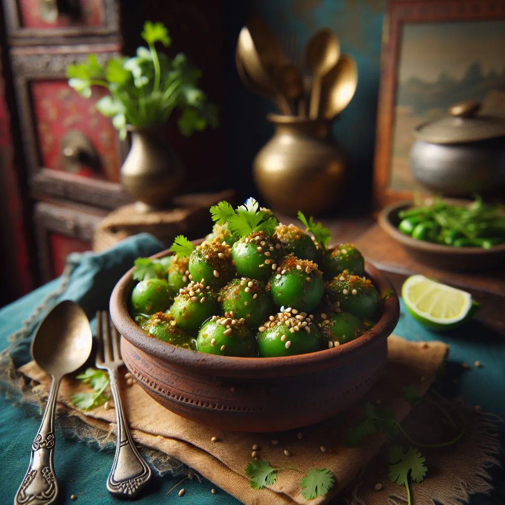 Bowl of spiced Nepalese potato salad garnished with fresh coriander