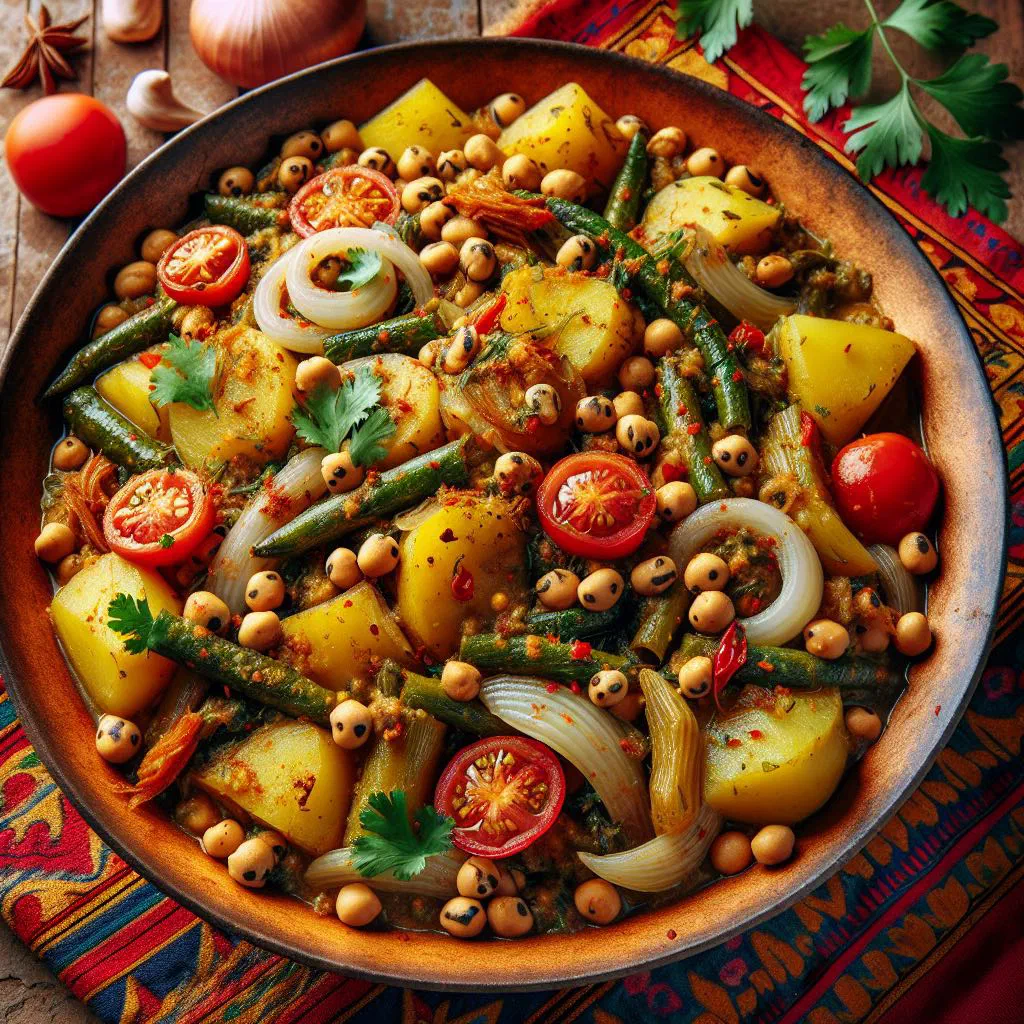 Aloo tama bodi with potatoes, bamboo shoots and black beans garnished with coriander
