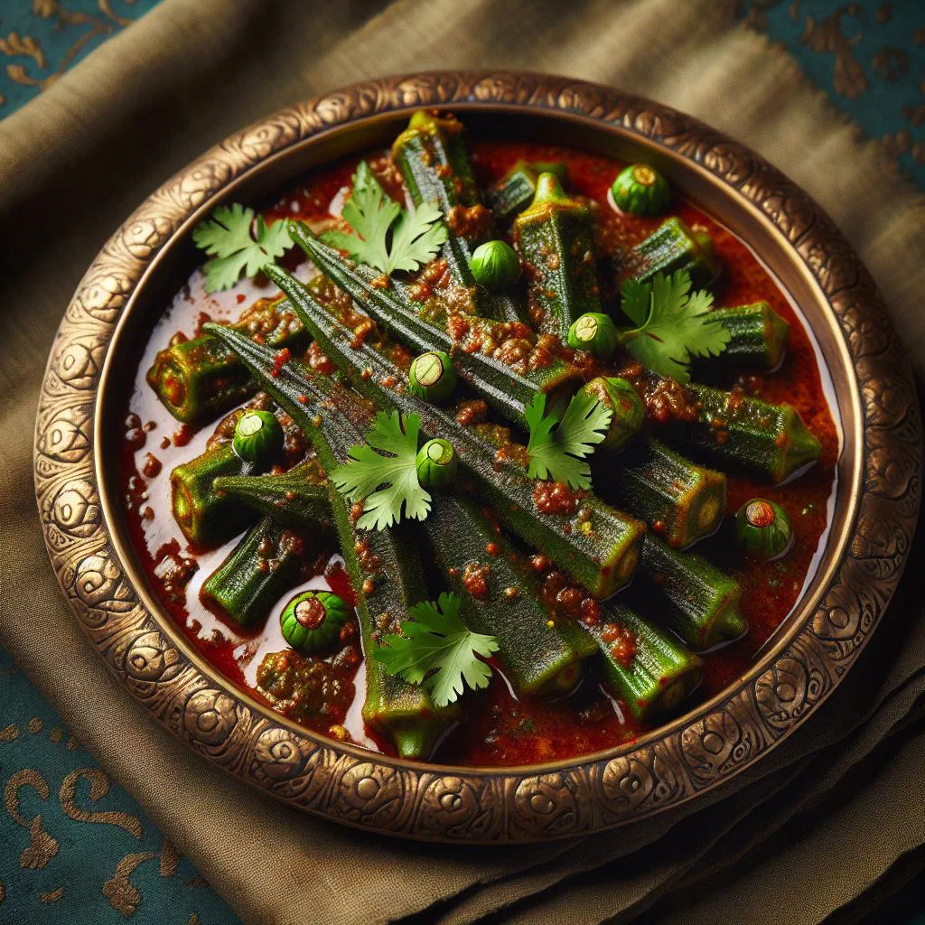 Bhindi masala with tender okra in a spiced tomato and onion sauce, garnished with coriander