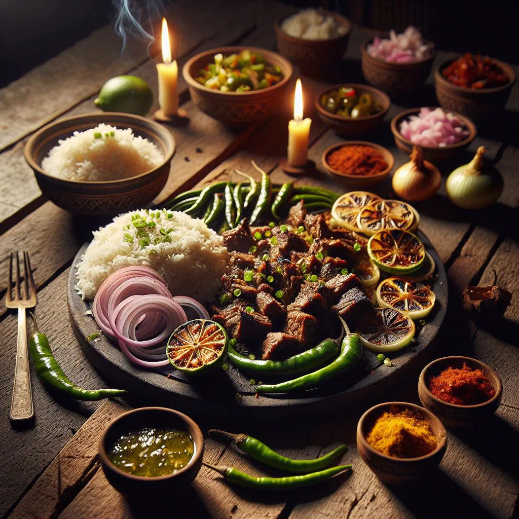 Grilled pork choila sadheko with onions, chillies and fresh coriander