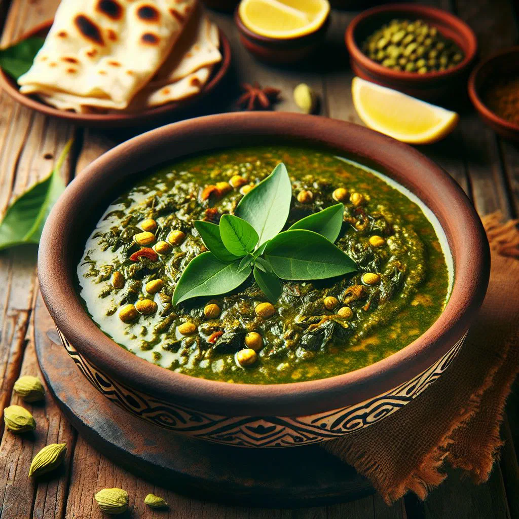 A bowl of fenugreek curry garnished with fresh coriander
