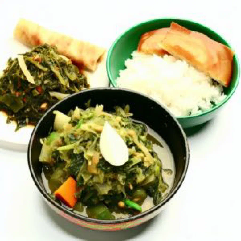 A warm bowl of Gundruk Ko Jhol soup garnished with fresh coriander
