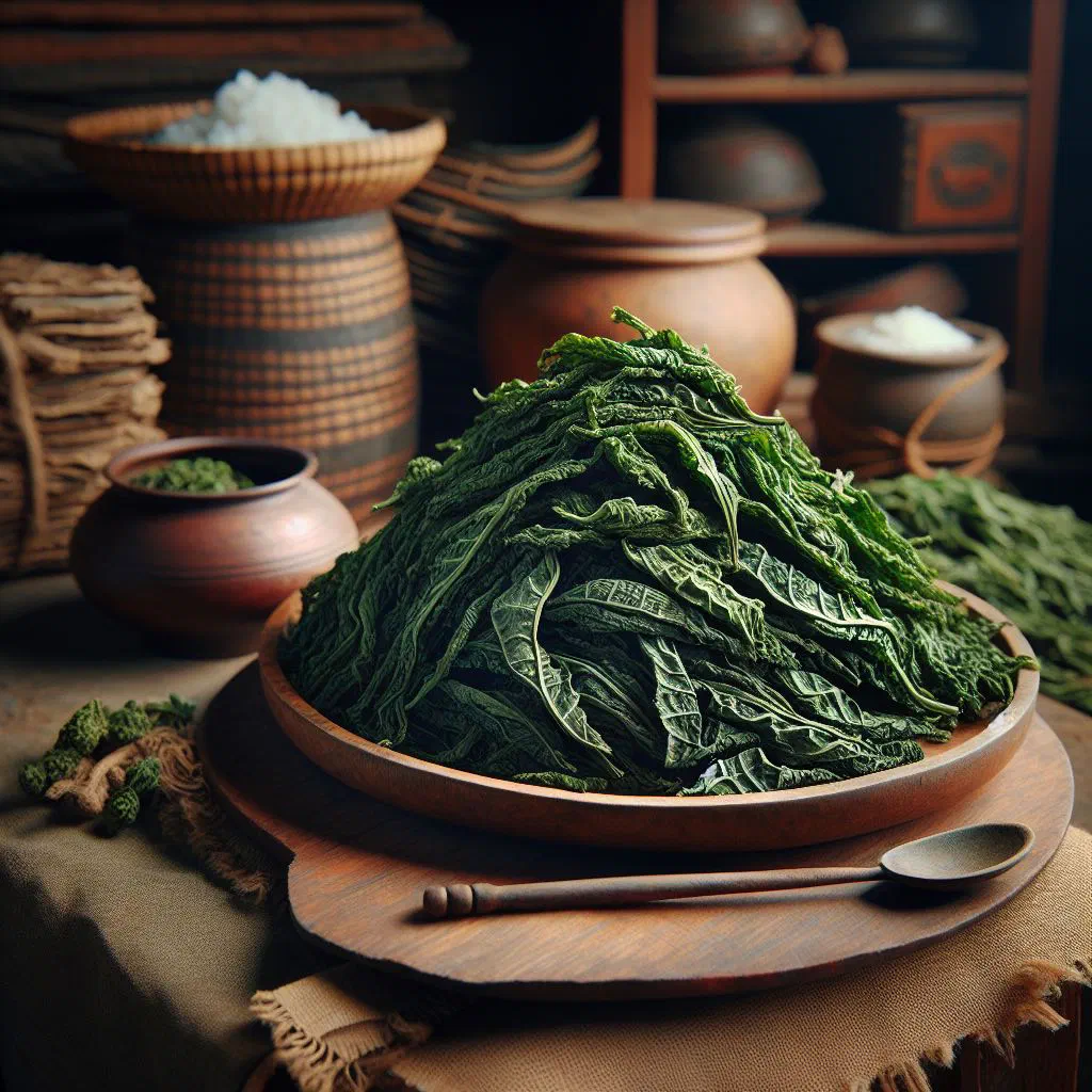 Bowl of stir-fried gundruk fermented leafy greens with turmeric