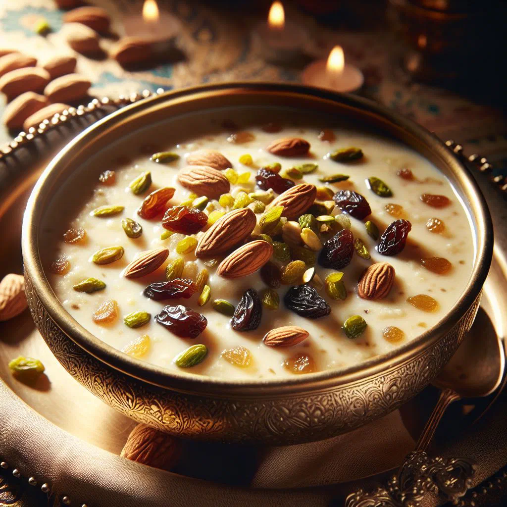 Creamy Nepalese kheer rice pudding topped with chopped nuts and raisins