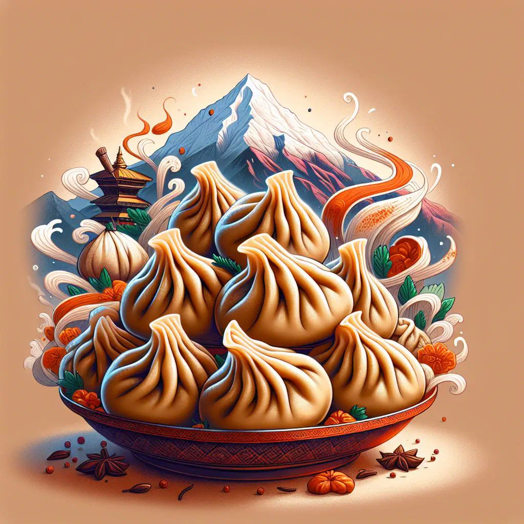 Steamed Nepalese momo dumplings served with a spicy dipping sauce