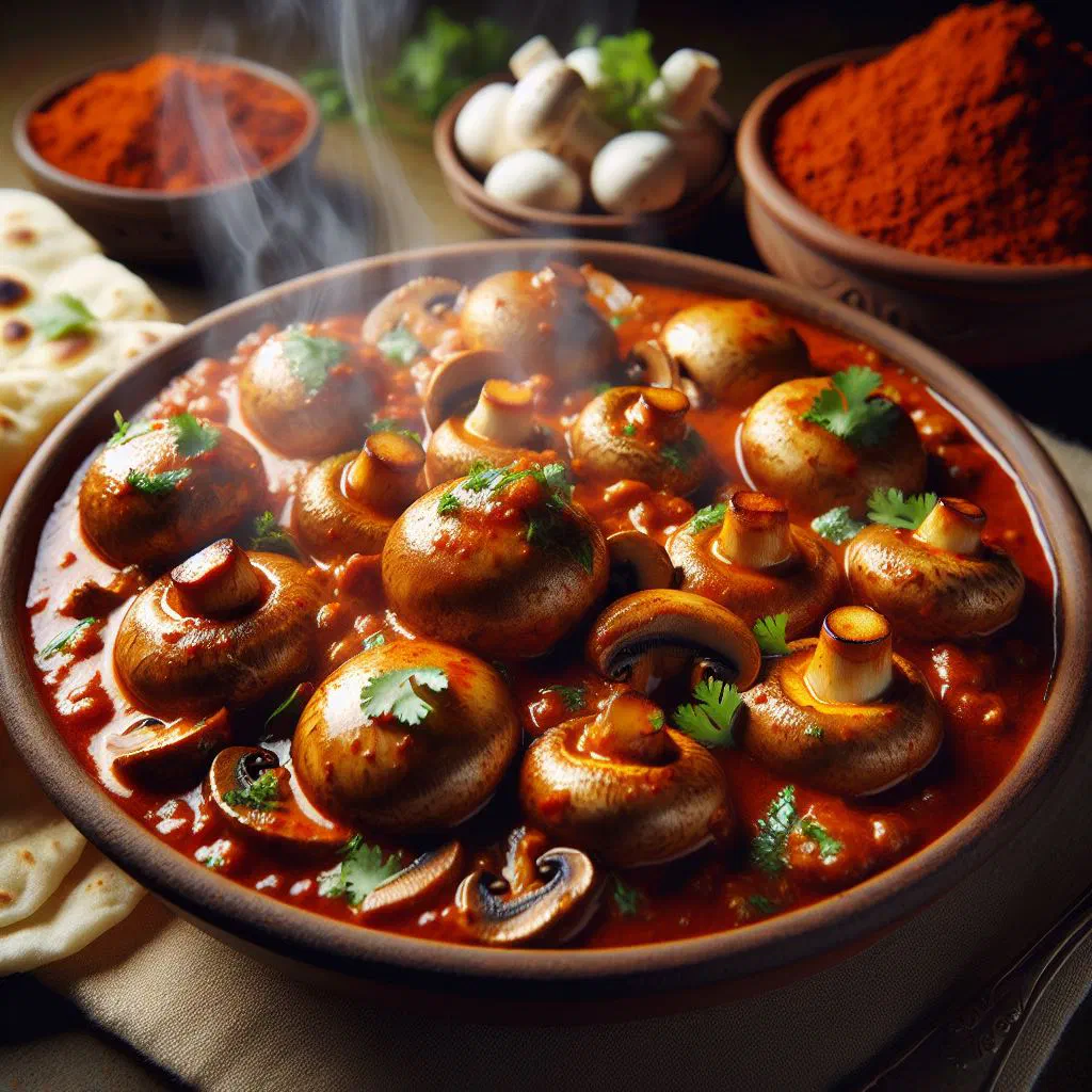 Creamy mushroom curry in a bowl garnished with fresh coriander