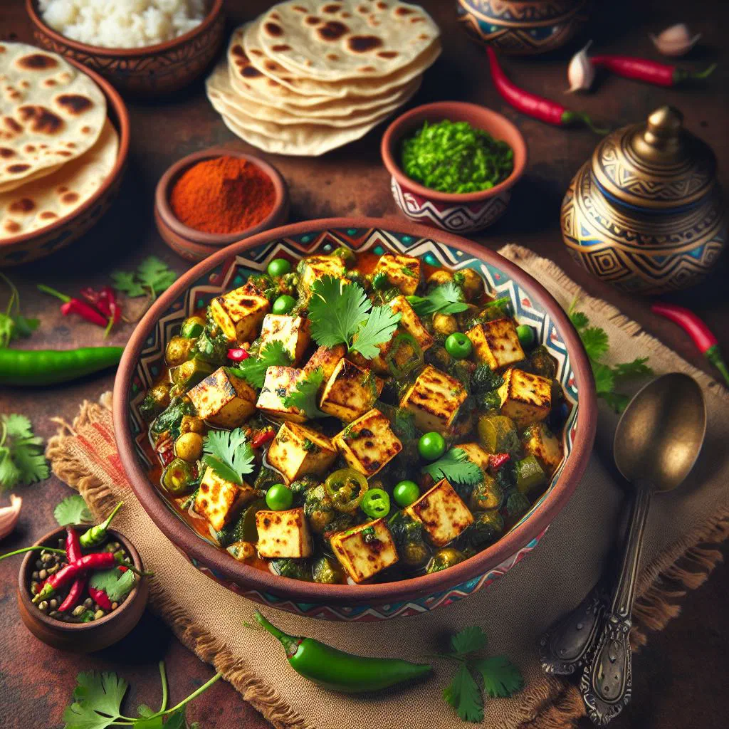 Pahadi masala vegetable curry in coconut milk, garnished with fresh coriander