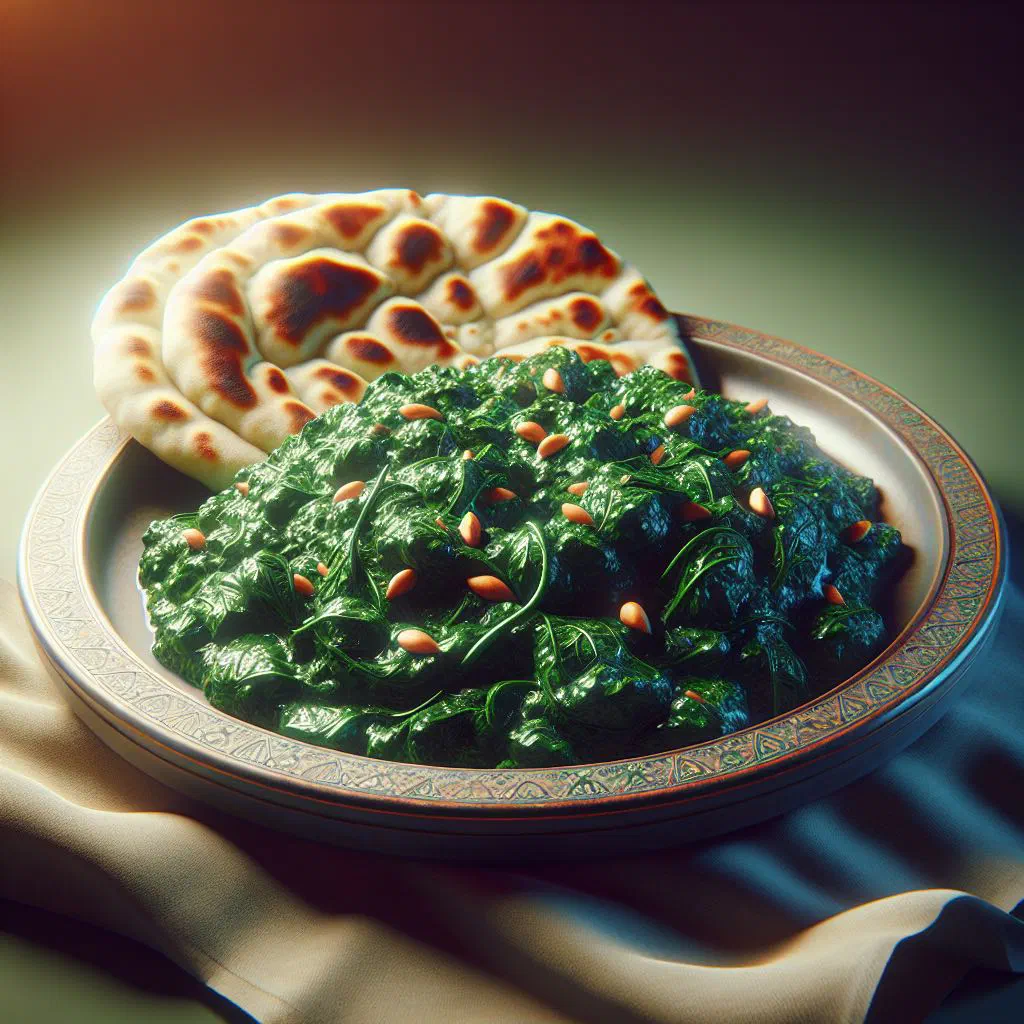 Bowl of Palak Ko Jaan spinach and olive oil paste garnished with fresh herbs