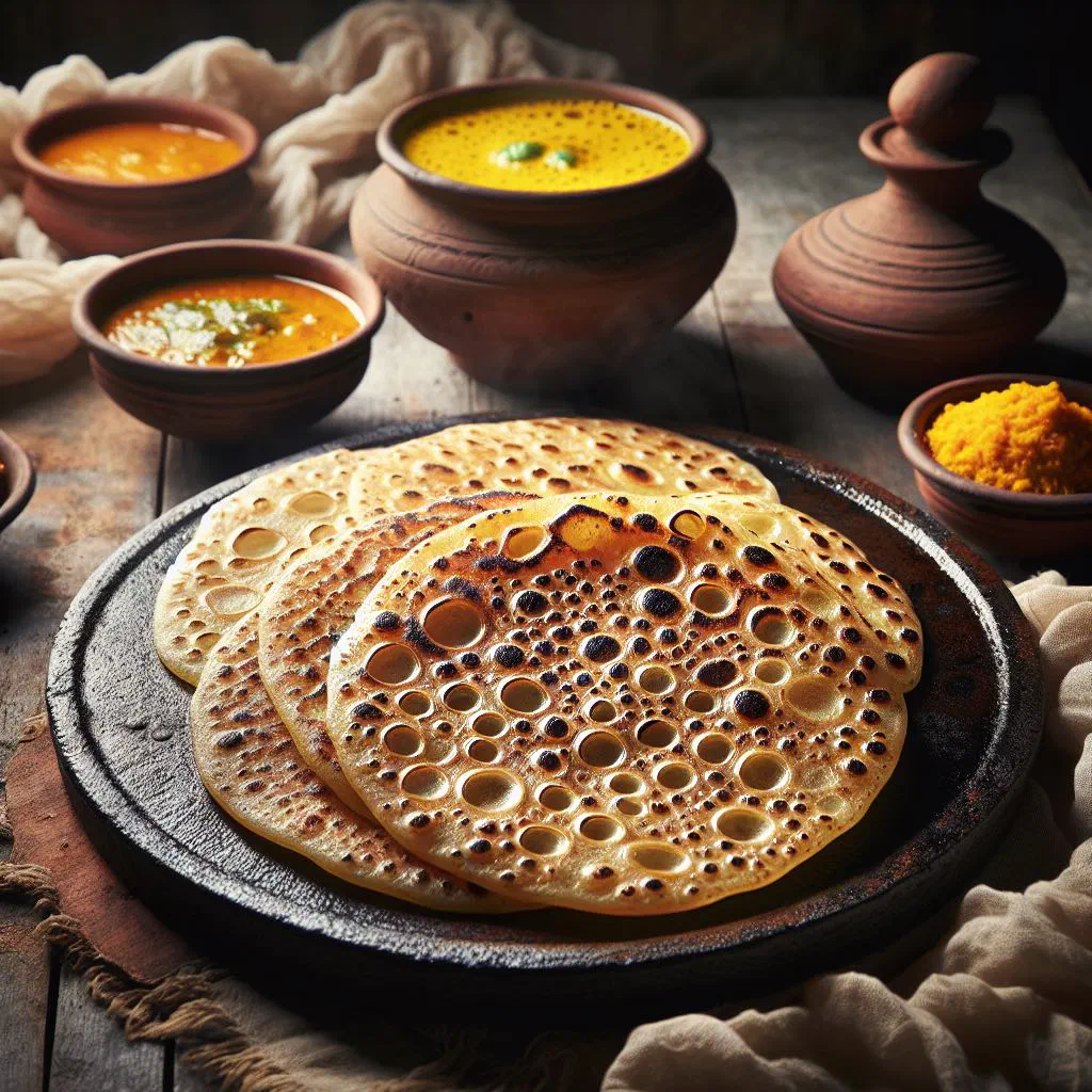 Round golden-brown buckwheat phapar roti flatbreads on a plate