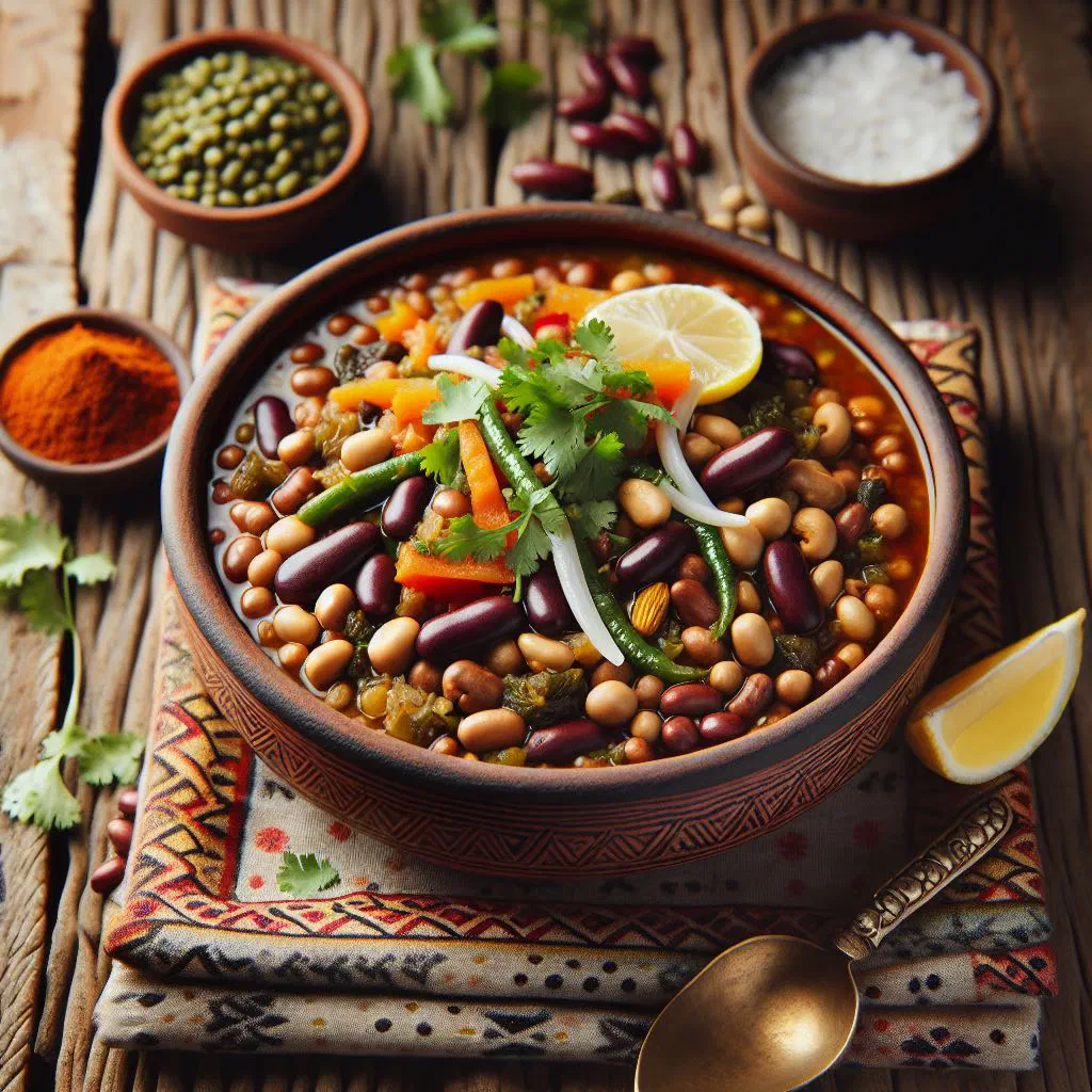 Bowl of Nepalese quanti ko tarkari mixed bean curry garnished with fresh coriander