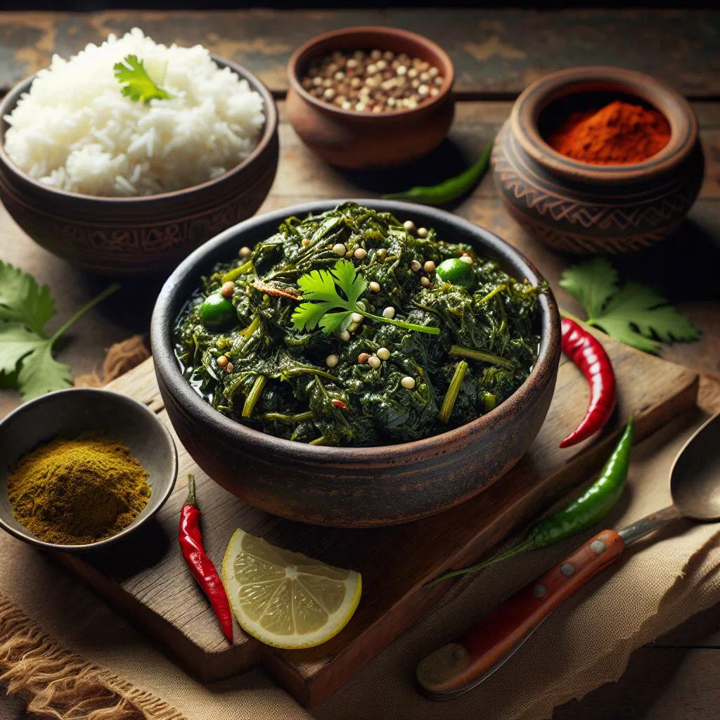Sautéed Nepalese leafy greens with onion, garlic and spices in a bowl