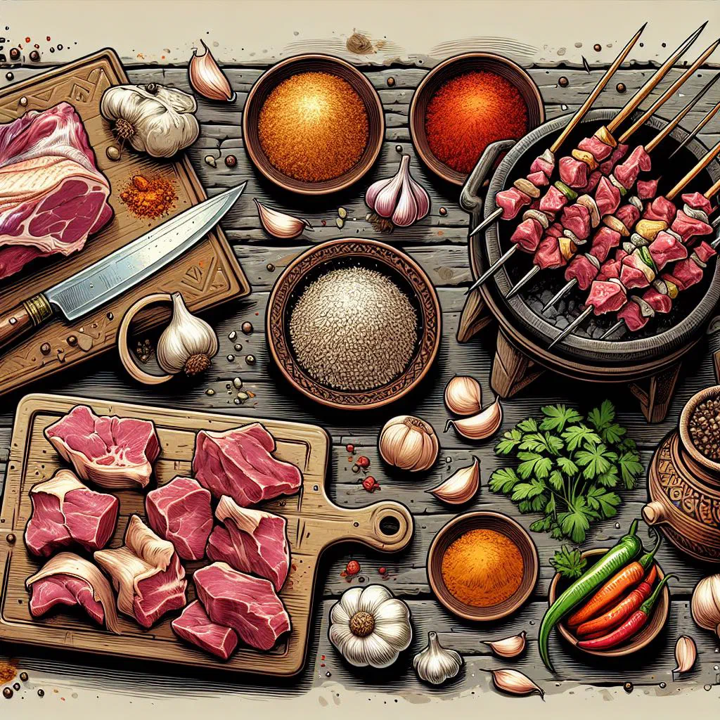 Marinated Nepalese sekuwa meat skewers grilled over an open fire