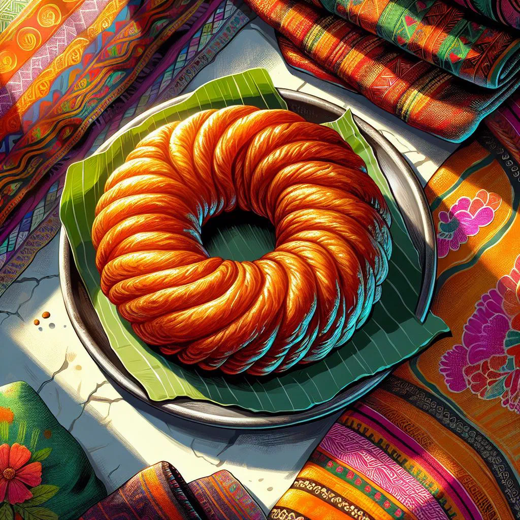 Golden ring-shaped sel roti stacked on a plate