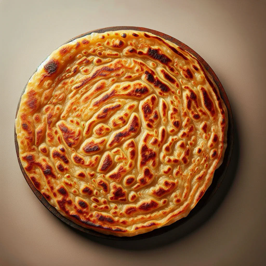 Golden stuffed shakhar paratha flatbread served with yoghurt