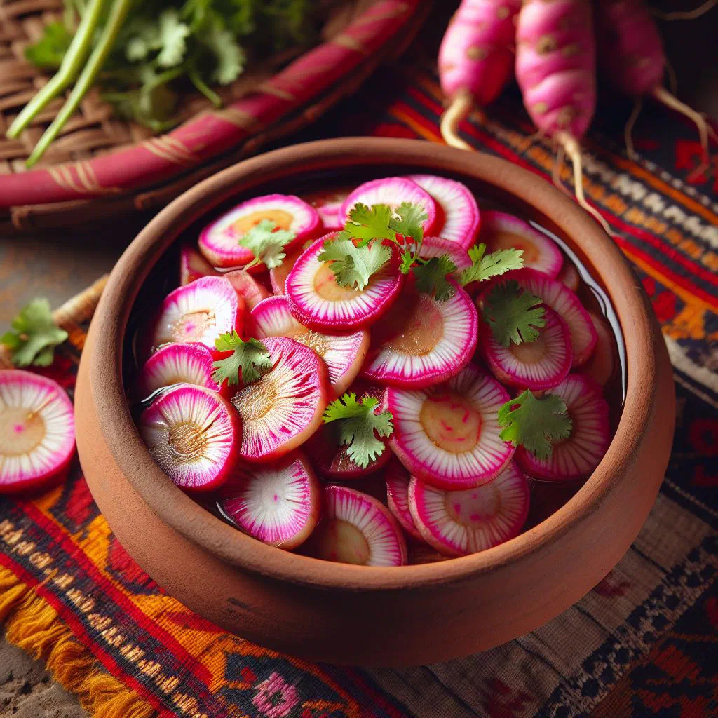 Bowl of sinki achaar made from fermented radish with spices and fresh coriander