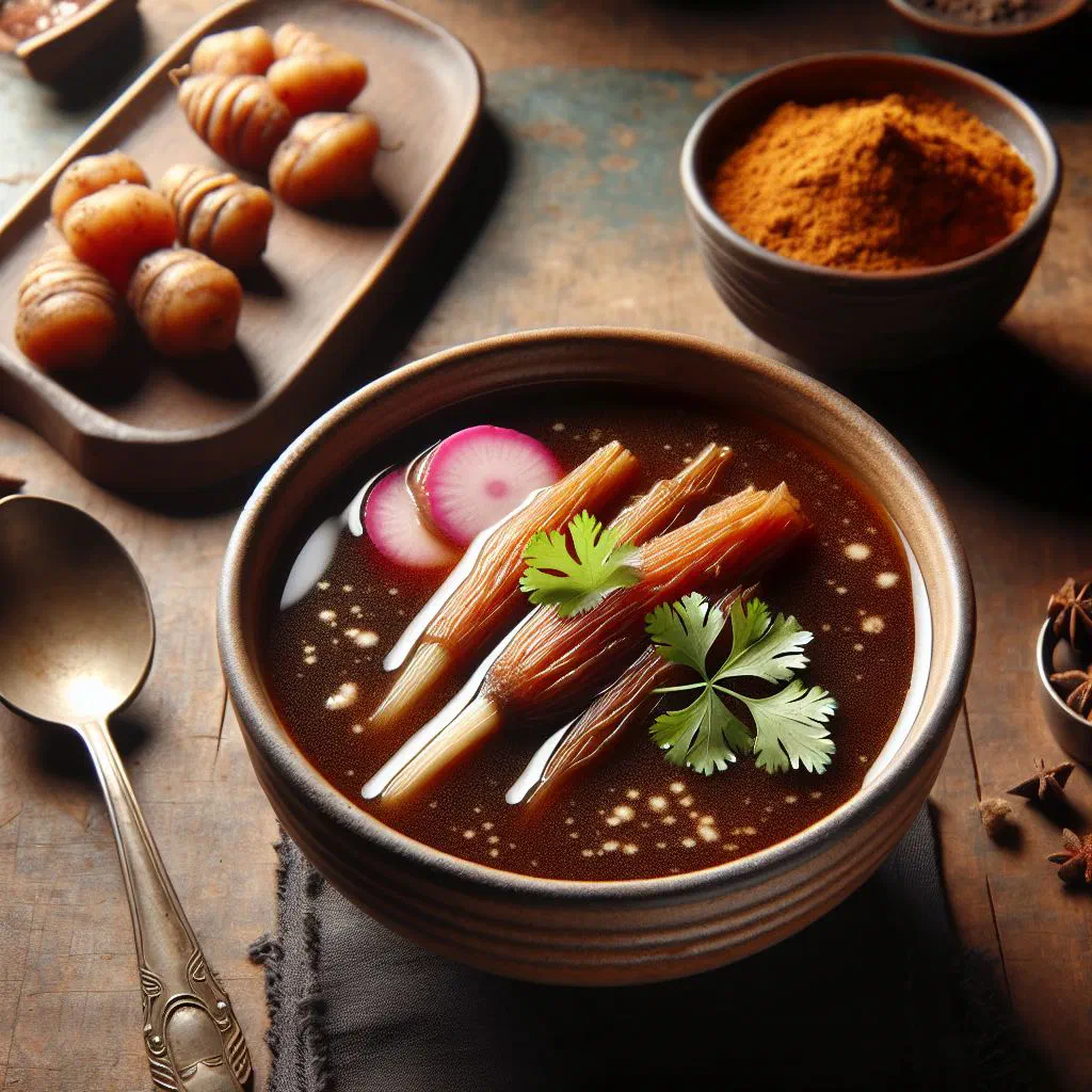 A warming bowl of Sinki Jhol soup garnished with fresh coriander