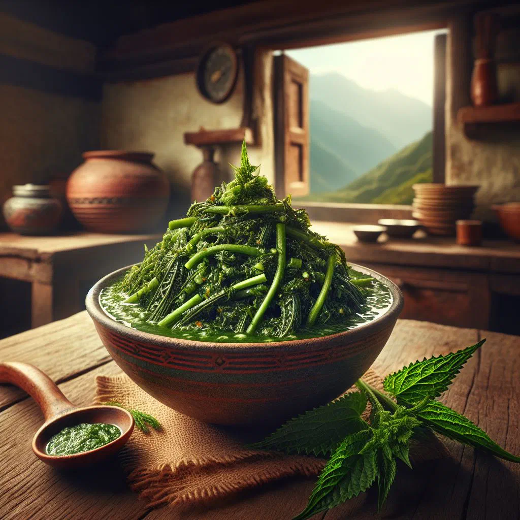 Bowl of creamy green Nepalese sishnu nettle soup garnished with herbs