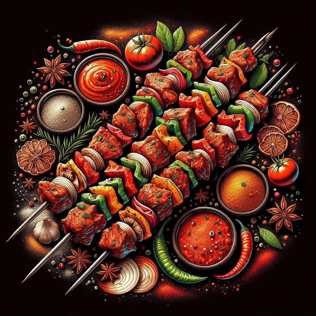 Grilled spicy sekuwa skewers garnished with fresh coriander