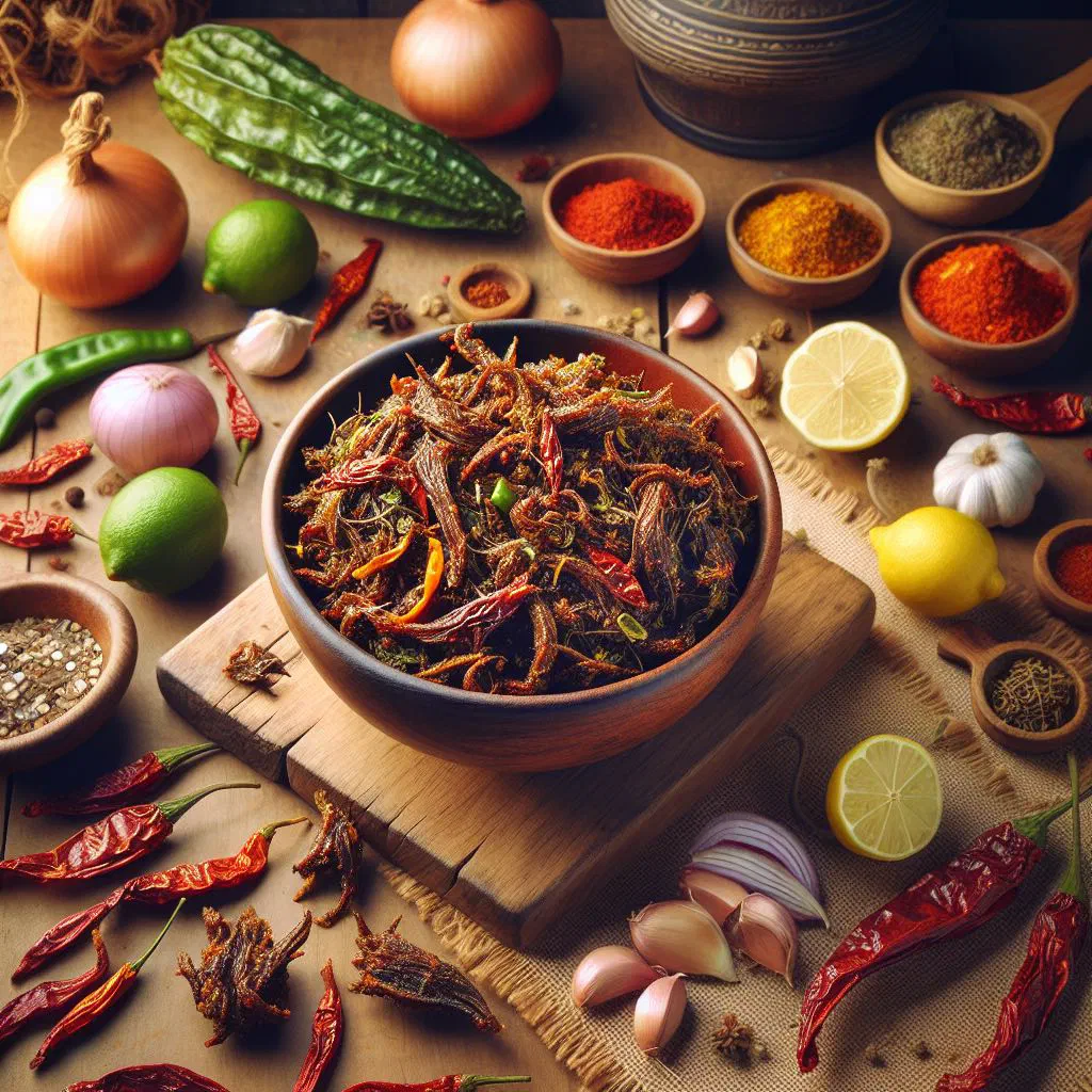 Spicy Nepalese dried meat pickle garnished with fresh coriander and lime