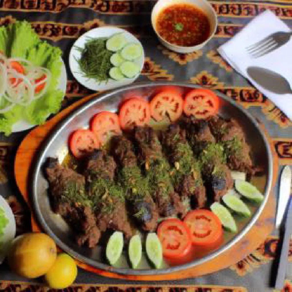 Grilled marinated Taas meat served with fresh vegetables and spicy chutney