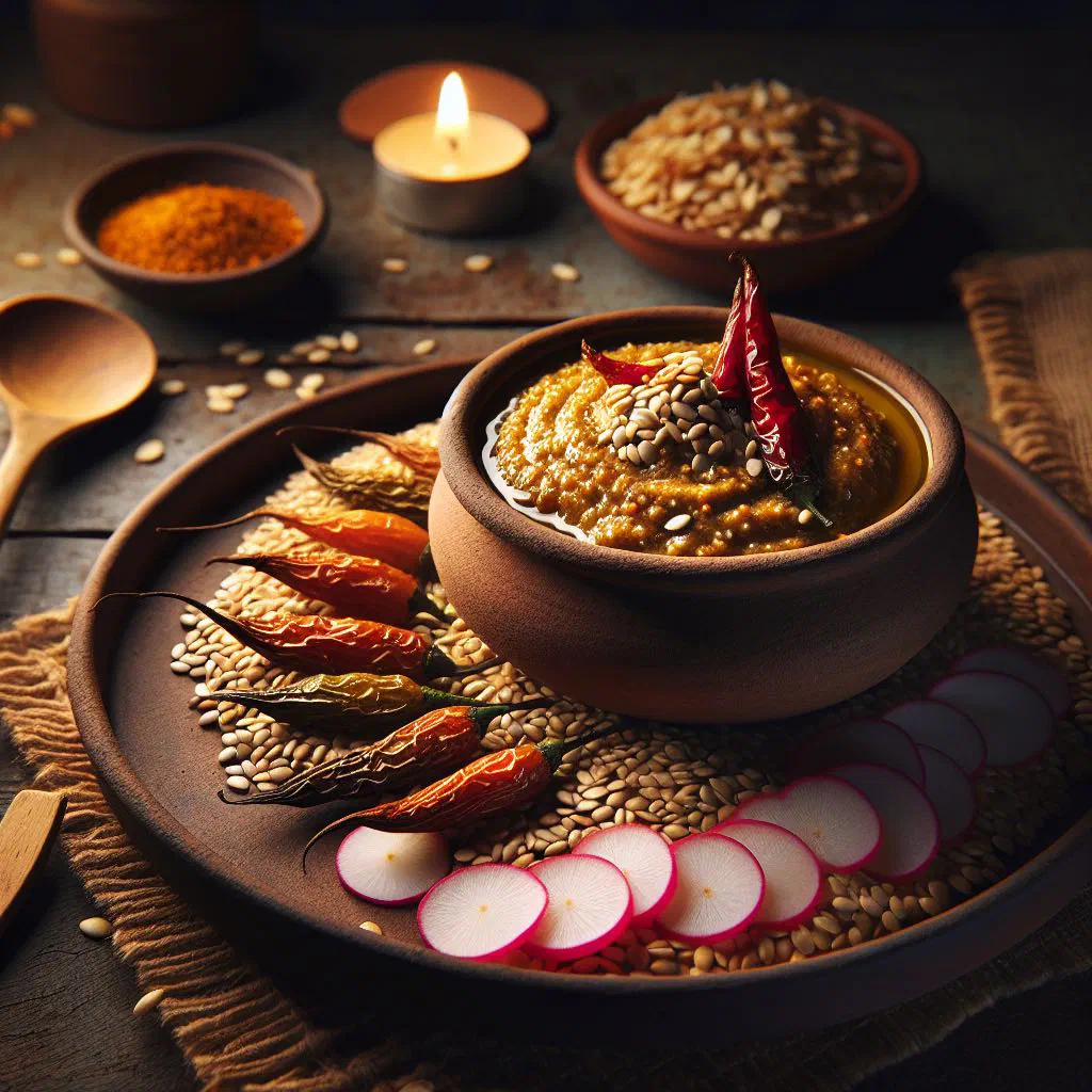 Toasted sesame achar garnished with fresh coriander in a small bowl