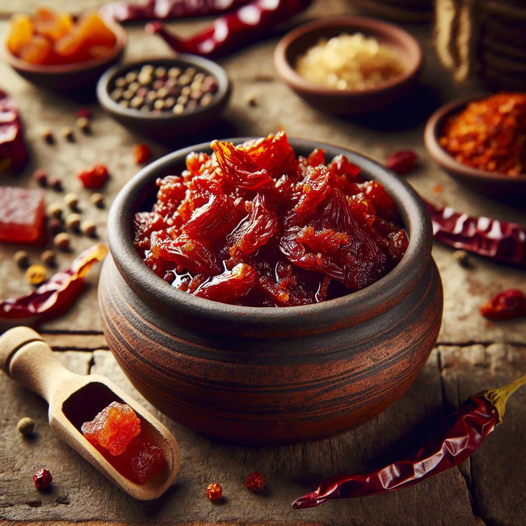 Bowl of Titaura Achaar fruit relish garnished with fresh coriander