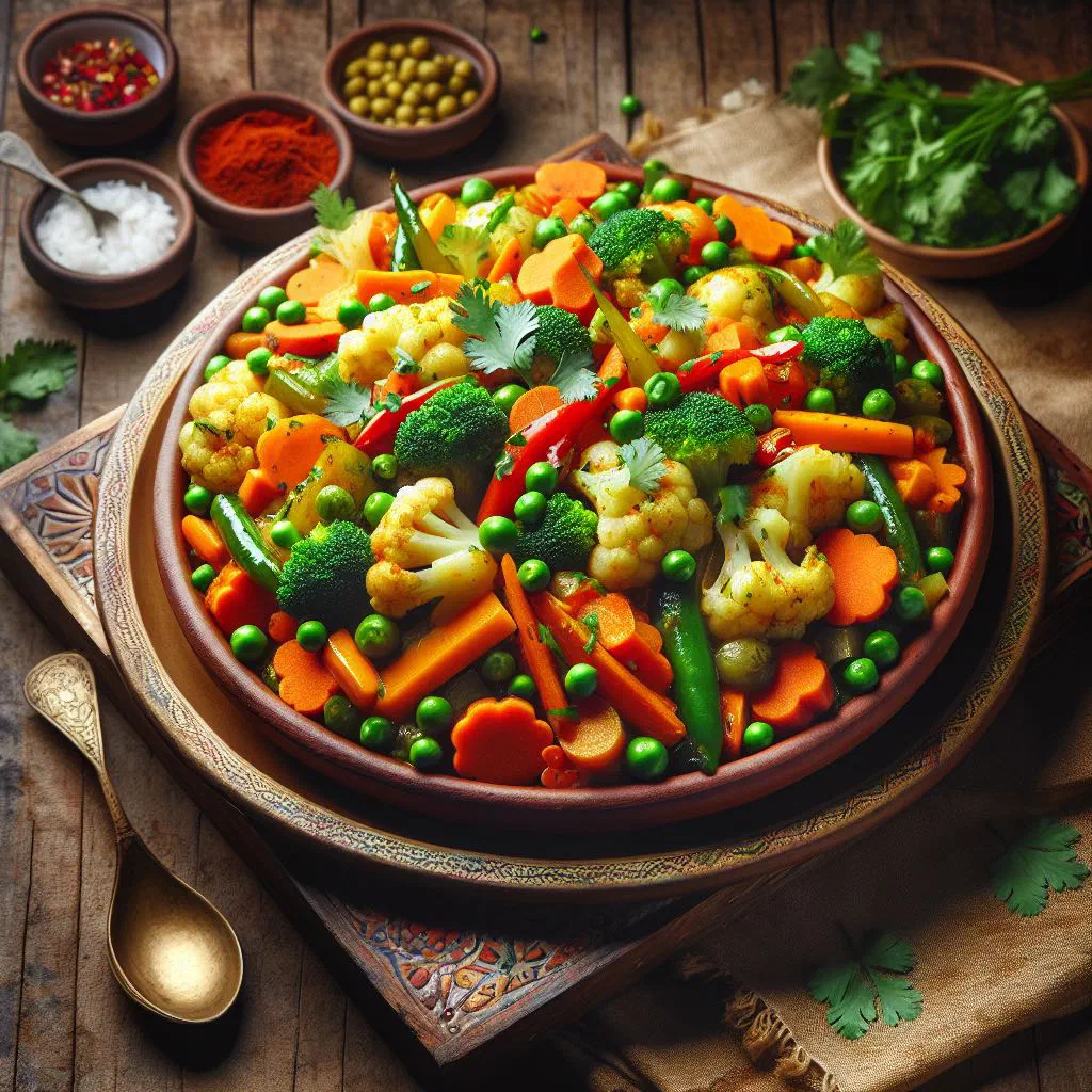 Colourful Nepalese vegetable tarkari garnished with fresh coriander