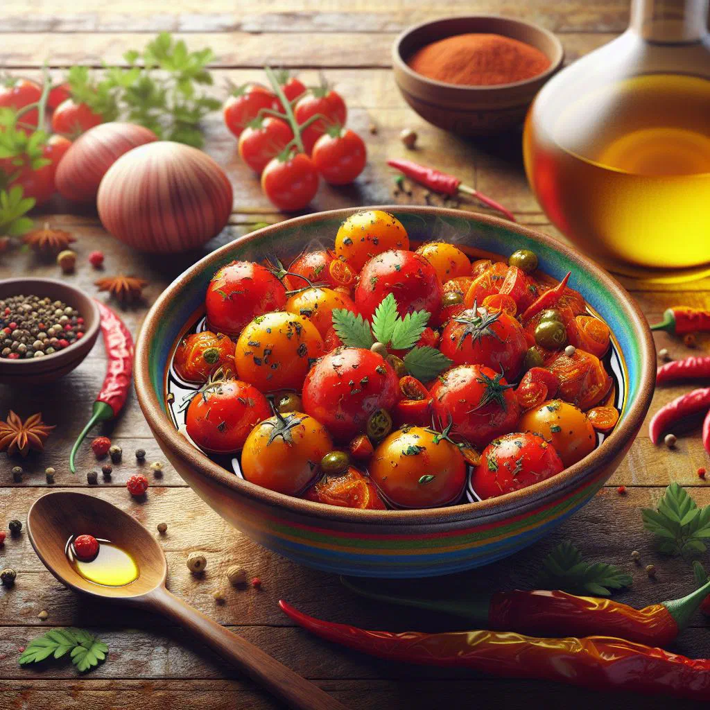 A small bowl of tangy Nepalese zimbu ko achar garnished with fresh herbs
