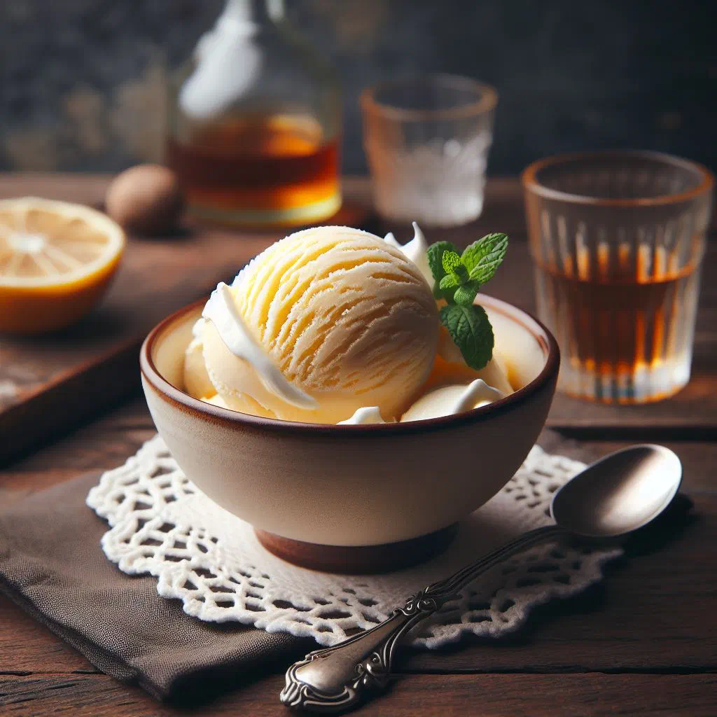 Creamy advocaat ice cream served in a glass dish