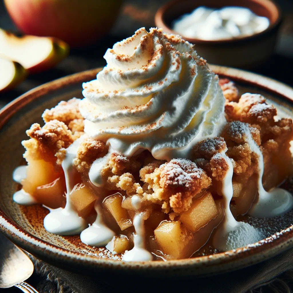 Baked apple crumble with a golden topping served with whipped cream