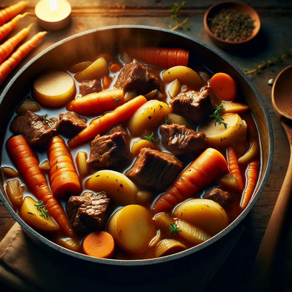Dutch beef stew with tender beef, carrots and herbs in a rustic bowl