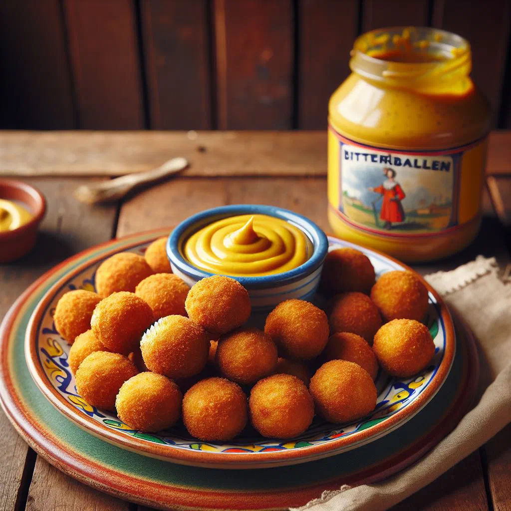 Crispy golden bitterballen served with a bowl of spicy mustard
