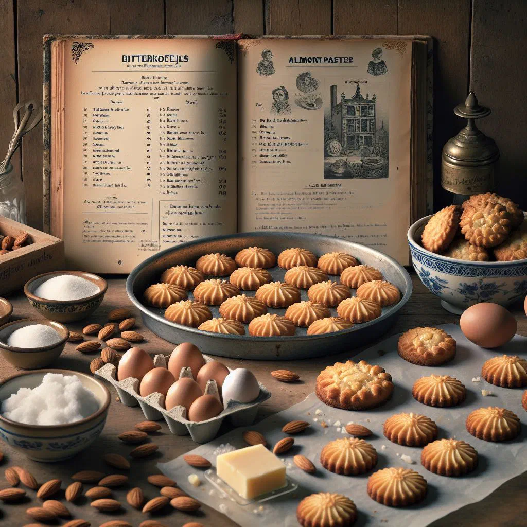 Golden Dutch bitterkoekjes almond macaroons dusted with icing sugar