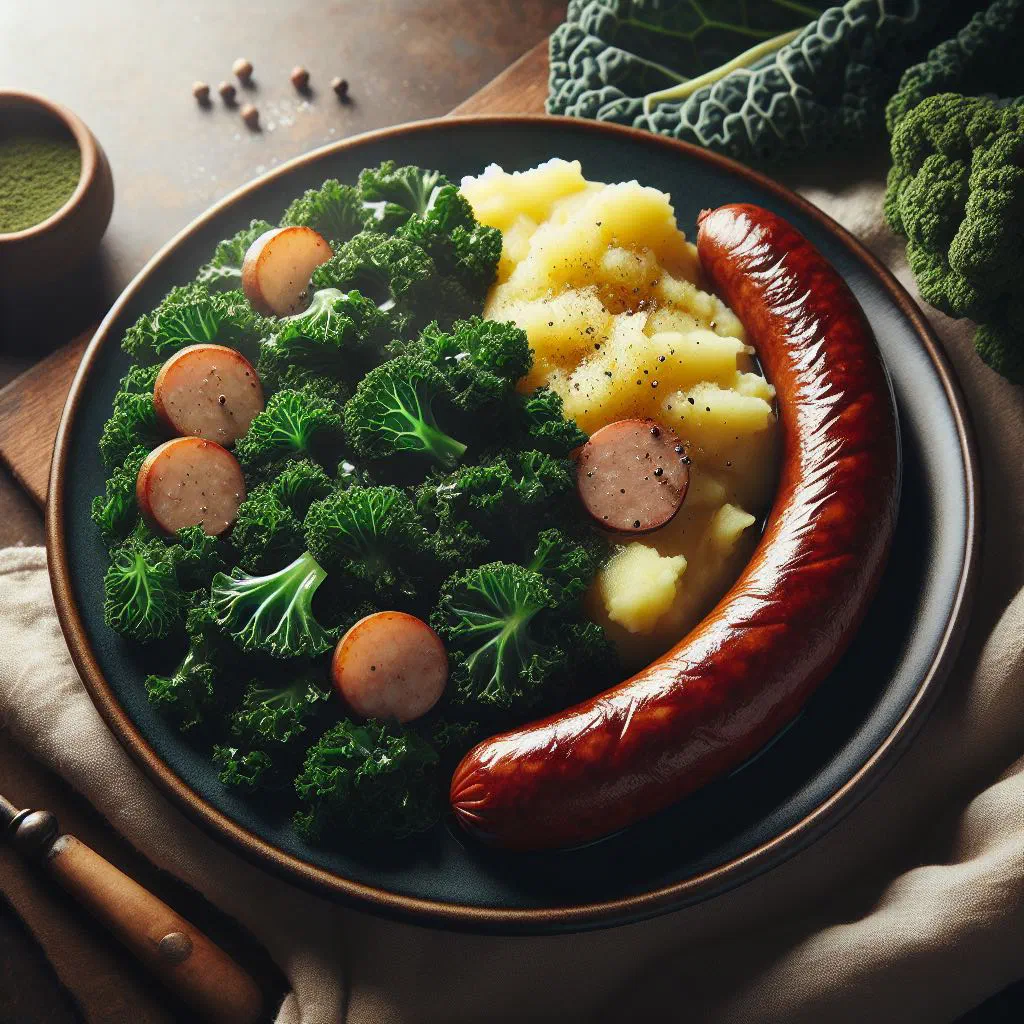 Mashed kale and potato stamppot topped with sliced smoked sausage