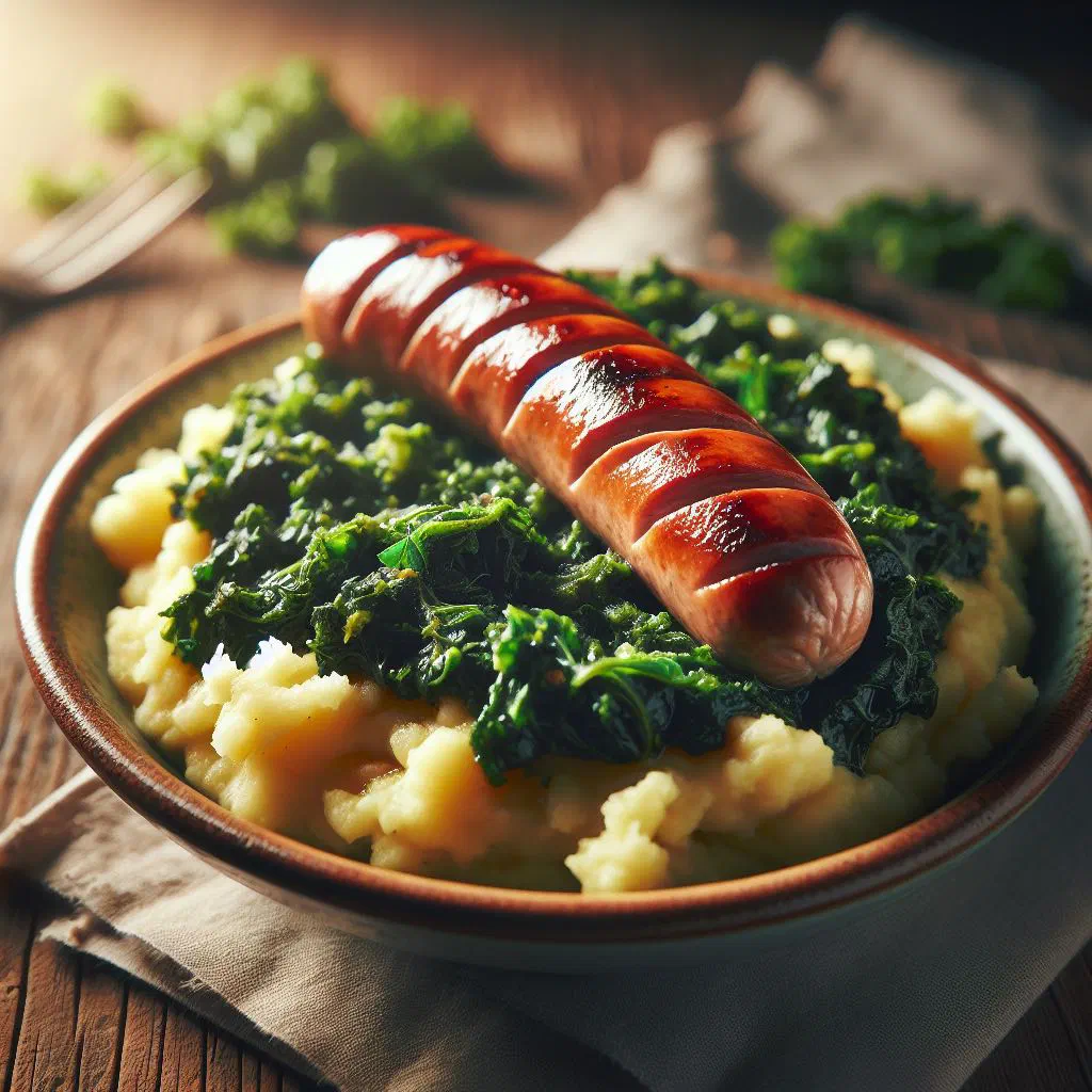 Creamy kale and potato mash served with rustic sausage